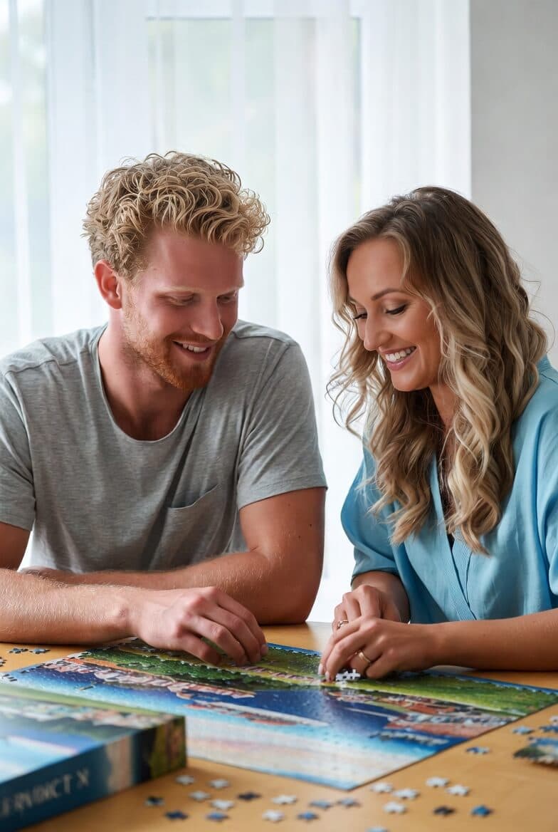 Twee mensen leggen lachend samen een fotopuzzel aan de keukentafel